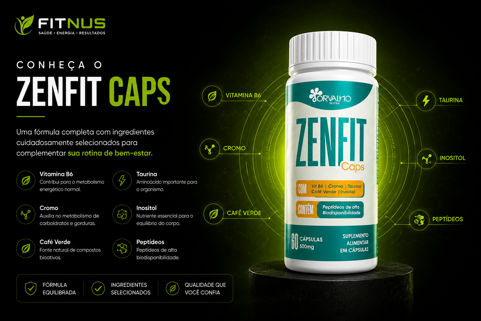 Material oficial do Zenfit Caps com a composição: Vitamina B6, Cromo, Taurina, Café Verde, Inositol e peptídeos